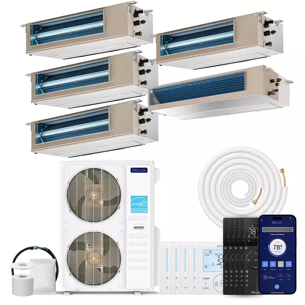DELLA 48K BTU 5 Zone (3x9K+12K+24K BTU) Ducted Mini Split AC, 20 SEER2