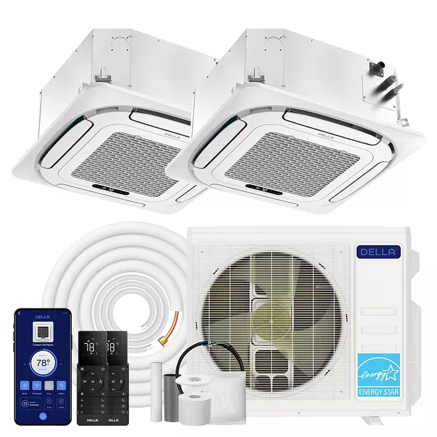 DELLA 27,000 BTU 2 Zone (9K+18K) Ceiling Cassette Mini Split AC,24 SEER2