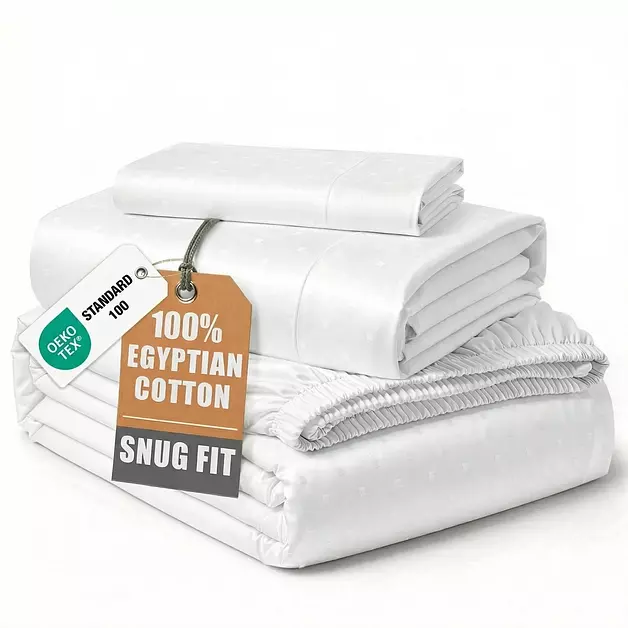 LANE LINEN Twin Bed Sheets 100% Egyptian Cotton Sateen - White Swiss Dot