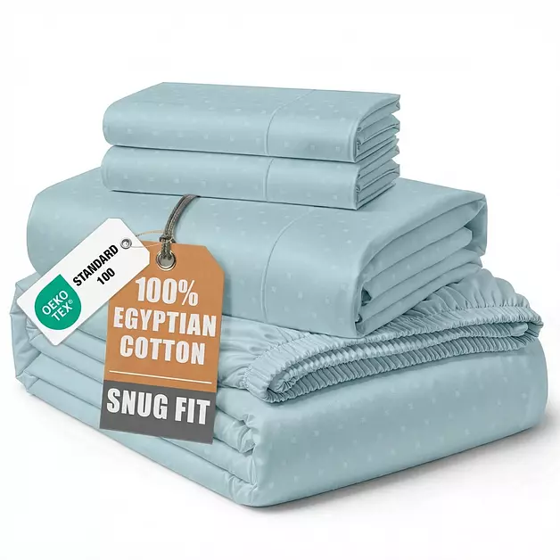 LANE LINEN Queen Sheet Set 100% Egyptian Cotton Sateen - Blue Sky Swiss Dot