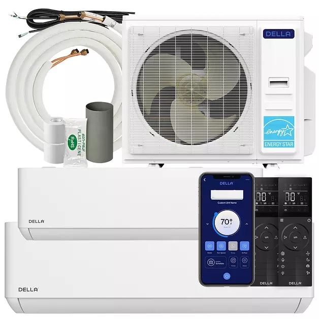 DELLA 36K BTU ODU 2 Zone 12000 18000 BTU 24 SEER2 208-230V Cools Up to 1550 Sq.Ft Wifi Energy Saving Multi Zone Ductless Pre-Charged Mini Split AC & Heat Pump Work with Alexa, 16ft Installation Kits