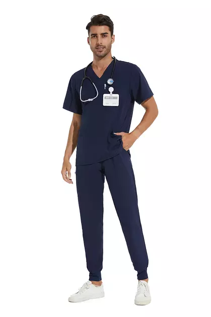 COZYFIT Men Scrubs Set - Stretch V-Neck Top & Jogger Pant, Navy Blue, 3XL