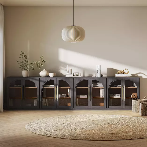 BELLEZE Set of 4 Modular Sideboard with Arched Glass Door, 130'' Accent Buffet Cabinet with Storage and Adjustable Shelves,Classic Modern Credenza for Living Room Kitchen Entryway (Ebony)