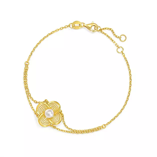 CHOW SANG SANG 999.9 24K Gold Chinese Wedding Collection Chinese Wedding Four-Leaf Clover Blossom Pearl Bracelet for Women 18cm 95619B