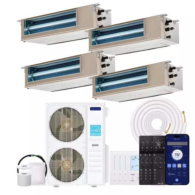 DELLA 55K BTU 4 Zone (9,500+11,000+2x17,000 BTU) Concealed Ducted Mini Split AC, 18.5 SEER2, Energy Star, 230V Inverter Heat Pump System, Pre-Charged, Work with Alexa and WiFi, 25ft Kit & Thermostat