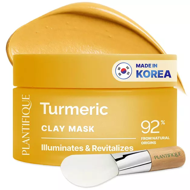 PLANTIFIQUE Korean Turmeric Clay Mask for Dark Spots - Calms, Refines Pores | Hydrating Face Masks with Vitamin C, Kaolin & Bentonite, Aloe Vera - Mascarilla de Arcilla, Includes Spatula, 3.88oz