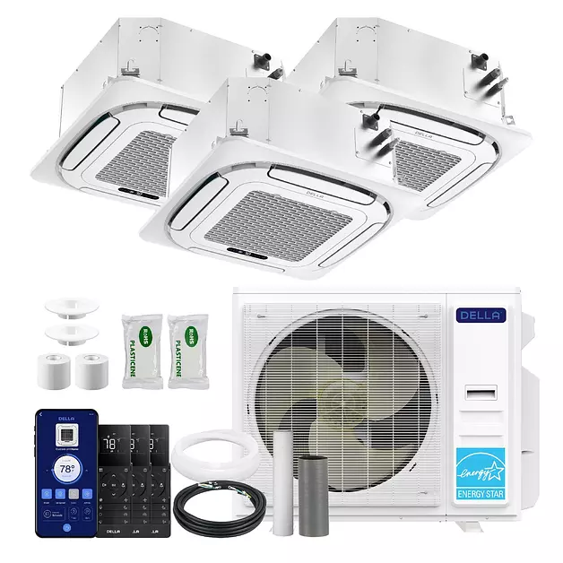 DELLA 36000 BTU 3-Zone (3x9K) Ceiling Cassette Mini Split AC, 25 SEER2