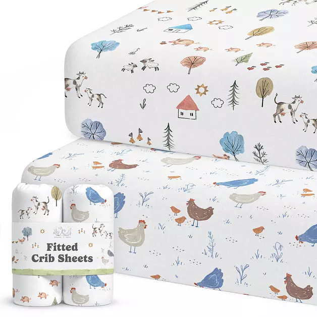 Sorrel + Fern Baby Crib Sheets Neutral, Fitted 2-Pack (Farm Animals)