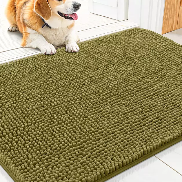Smiry Dog Door Mat for Muddy Paws 30x17, Absorbent Dirt Trapper, Non-Slip Washable Chenille Entryway Rug for Inside Floor, Willow Green, Classic Solid