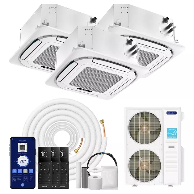 DELLA 48K BTU 3-Zone (2x18K+24K) Ceiling Cassette Mini Split AC, 24 SEER2
