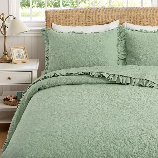 Brandream Sage Green Cotton Quilt Set King Ruffled Matelasse Coverlet 3PC