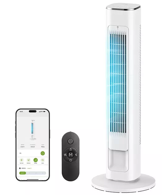 MORENTO Smart Tower Fan with Remote, WiFi/App/Voice Control, 25dB, White