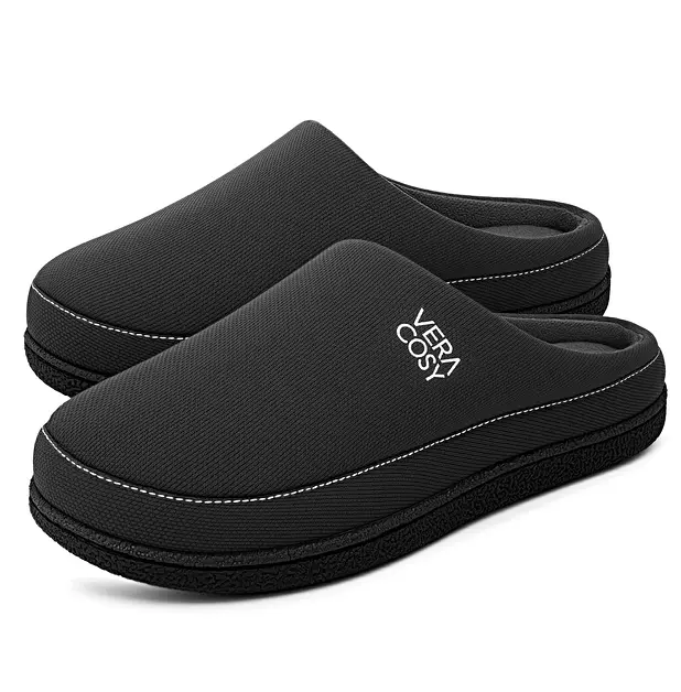 VeraCosy Men's Cozy Knit Slipper Comfortable Memory Foam Indoor House Shoes with Non-slip Rubber Sole Light Gray,9-10 US