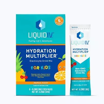 Liquid IV: New! Liquid I.V. Hydration Multiplier For Kids in Cotton Candy, Banana, Grape, Crisp Apple, and Tropical Punch.