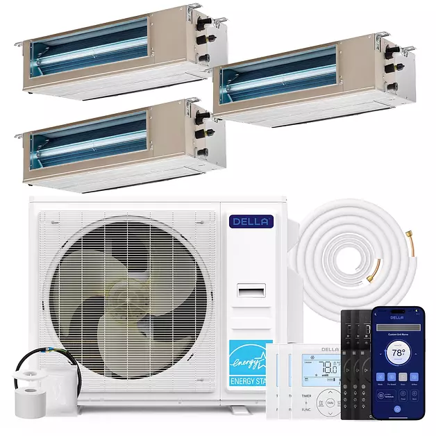 DELLA 27K BTU 3 Zone (2x9K+12K BTU) Concealed Ducted Mini Split AC 22 SEER2