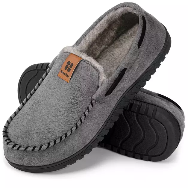HomeTop Men's Suede Memory Foam Moccasin Slippers (13, Grey)