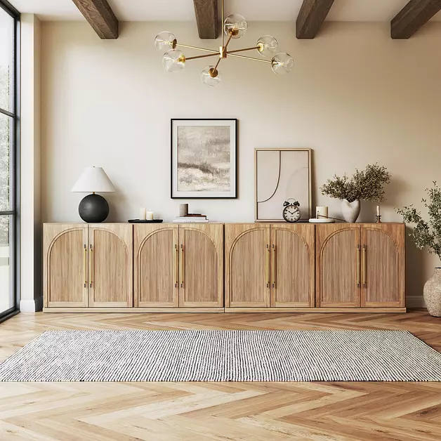 BELLEZE Set of 2 65" Sideboard Cabinet with Double-Arc Wood Doors, Large Buffet Cabinet with Storage and Adjustable Shelves, Classic Modern Console Sideboard for Living Room Kitchen Entryway (Camel)