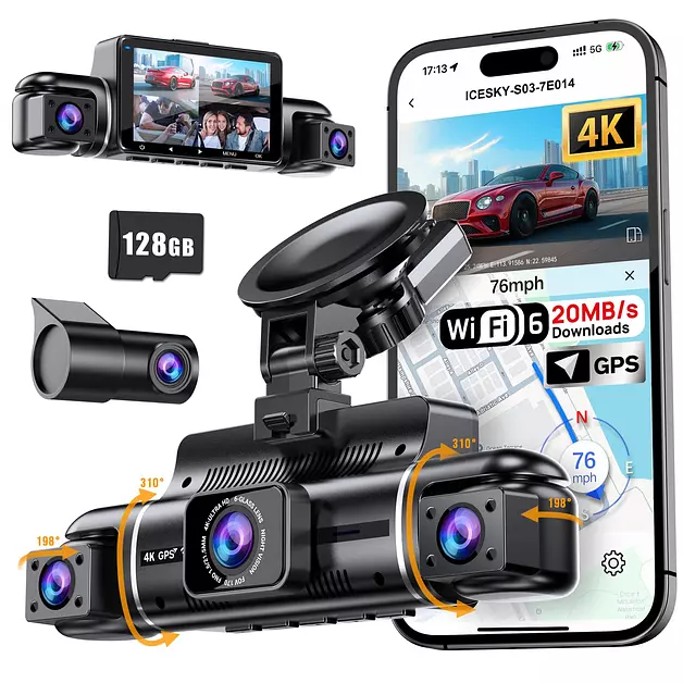 Icesky 4K Dash Cam Front and Rear Left Right with GPS, 20MB/s WiFi 6