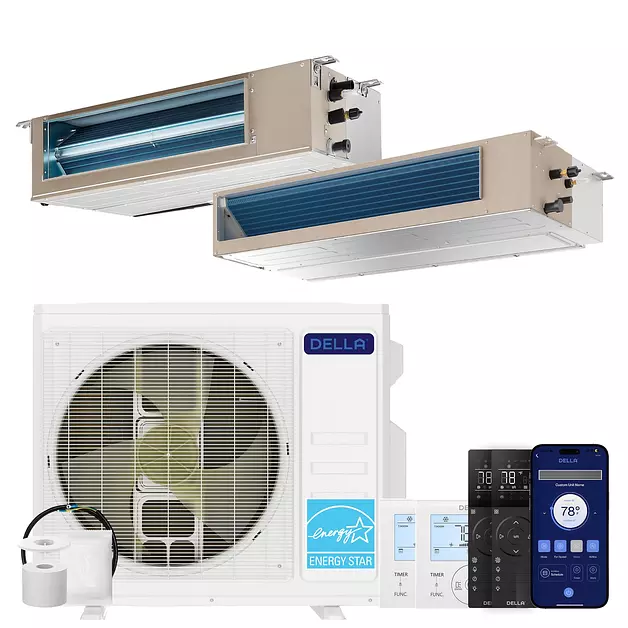 DELLA 27K BTU 2 Zone (12K+24K BTU) Concealed Ducted Mini Split AC, 22 SEER2
