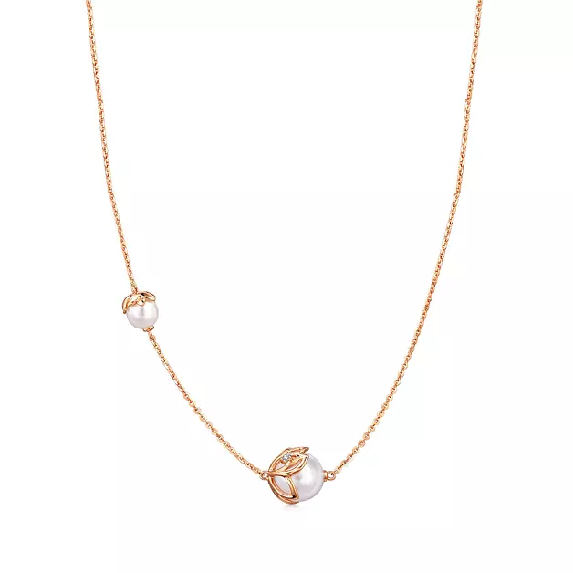 CHOW SANG SANG 18K Rose Solid Gold Daily Luxe Lotus Flower with Pearl Necklace for Women 93570N | 18.5", (47 CM)