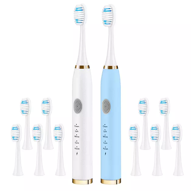 Dnil 2 Pack Electric Toothbrush for Adults and Kids, Travel Toothbrush Includes 10 Replacement Toothbrush Heads, 5 Modes with 2 MIN Smart Timer (Blue White)