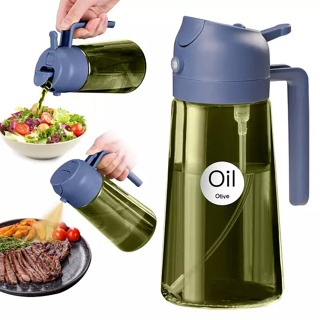 YARRAMATE 16oz/470ml Dark Green Oil Sprayer for Cooking with Stickers, Food-grade Premium 2 in 1 Olive Oil Dispenser Bottle for Kitchen Gadgets, Air Fryer, Salad, Frying, BBQ (Navy)