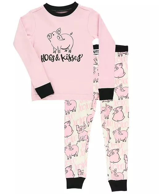 Lazy One Warm Long-Sleeved Kids' Pajamas for Girls and Boys, Funny Kids' Pajama Sets, Cozy, Comfy, Hug, Pig, XOXO, Valentine's Day (Hogs & Kisses, 3T)