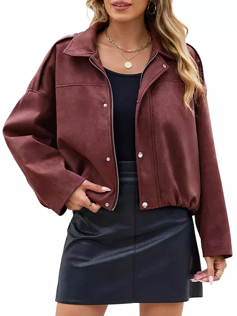 UEAL Women Faux Suede Cropped Bomber Jacket Fall Fashion Outfits S Burgundy