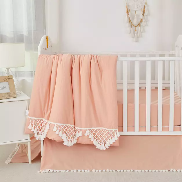 Brandream Gender Neutral Boho Bohemian Baby Girl Boy Nursery Crib Bedding Set - 6pc - Solid Color Blush White Farmhouse Chic Unisex Minimalist Tassel Fringe Macrame 100% Washed Cotton