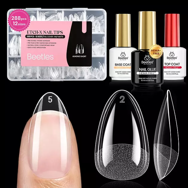 Beetles Soft Gel Nail Kit, Almond Short Nail Tips with Glue, Base Top Coat