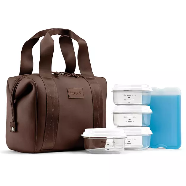 Fit & Fresh Remi Neoprene Lunch Bag for Women w/Ice Pack & Containers | Machine Washable Lunch Box For Women, Self Insulating Durable Neoprene, Large Capacity For Nurses, Teachers, School, Work, Dark Chocolate, One Size