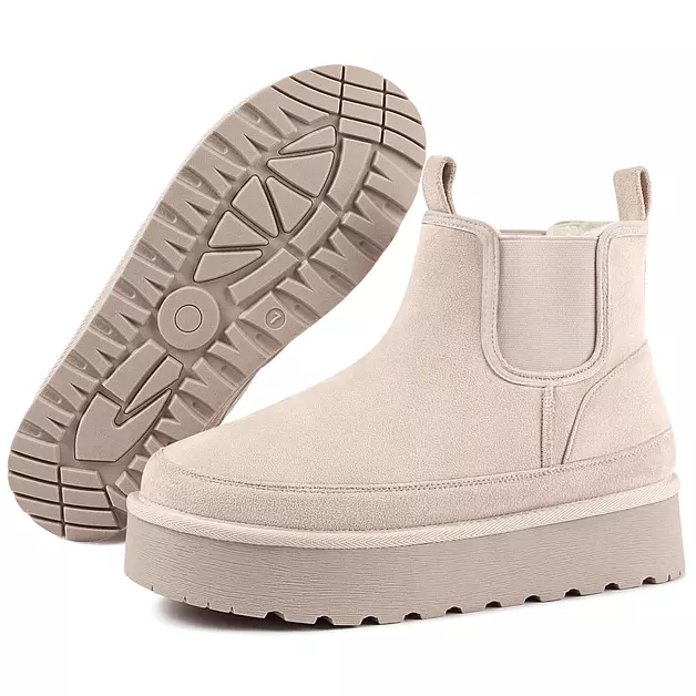 Winter Platform Ankle Chelsea Boots for Women Slip On Snow Beige Booties
