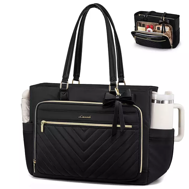 LOVEVOOK Laptop Tote Bag for Women, Work Bag Teacher Tote with Large Cup Holder, Quilted Nurse Diaper Bag for Travel, Computer Women's handbags for Teacher gift, Black, 17.3 Inch