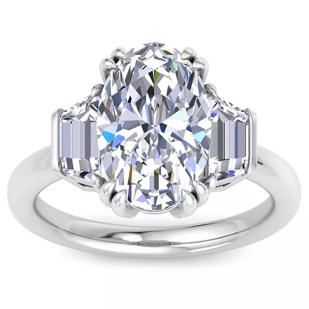 Martha Stewart 5 Carat Round Shape and Trapezoid Lab Grown Diamond Ring, Three Stone Diamond Engagement Ring in 14K Yellow Gold