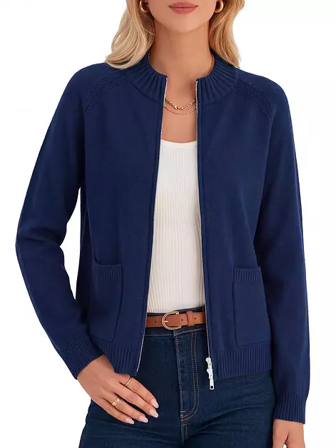 Womens Long Sleeve Zip Up Cardigans Sweaters Lightweight Knit Jackets Blue