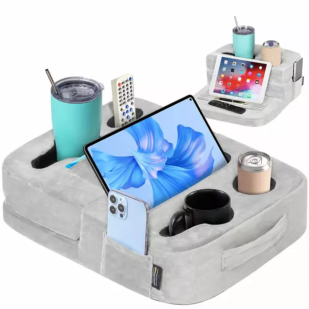 TabCouchCaddy - Couch Cup Holder Tray Pillow - Bed, Couch Caddy, Sofa, RV & Car - Holds Drinks, Snacks, Remotes, Phones, Kindle, Tablet | Bed Cup Holder (Grey)