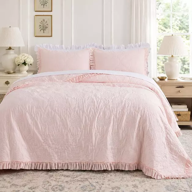 Brandream Pink Ruffled Quilt Set Cotton Queen Hydrangea Stitched Quilt 3PC