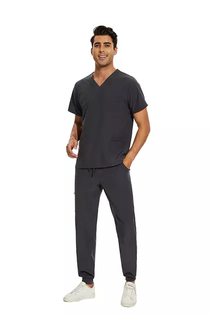 Men Scrubs Set - Stretch V-Neck Top & Jogger Pant, Dark Grey, XL, Petite