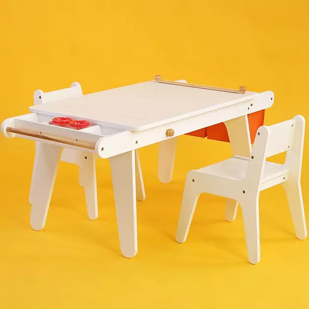 MEEDEN Kids Table and Chair Set, Kids Art Table with 2 Stools, Storage Bag & Paper Roll, Kids Desk & Chair Set, Craft Table and Chairs for Toddlers, Toddler Wooden Table,White,[50''L×23.6''W×22.5''H]