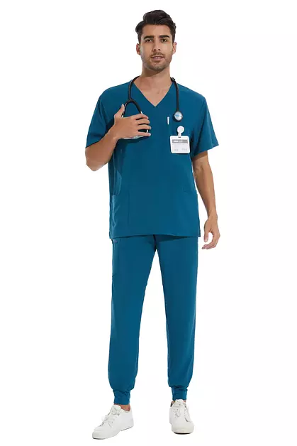 Men Scrubs Set - V-Neck Top & Jogger Pant, Caribbean Blue, 2XL, Petite