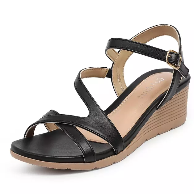 Goldnut Women's Wedge Sandals Dressy - Black Crisscross Strappy Low Wedges for Women Comfortable Sandals for Casual Party Wedding Size 5