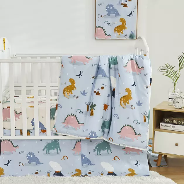 Brandream Crib Bedding Sets for Boys 100% Cotton Roar Dinosaur Print Baby Nursery Bedding Blue Green Cream White Yellow 3 Pieces