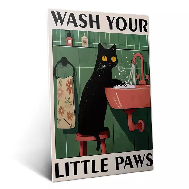 Displate Metal Poster Funny Bathroom Art Wash Your Little Paws Cat M
