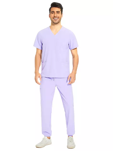 Men Scrubs Set - Stretch V-Neck Top & Jogger Pant, Light Lilac Purple, S