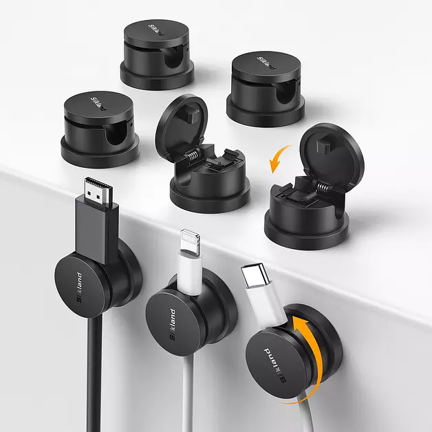 Silkland 8 Pack Snap-Lock Cable Clips, 360° Rotatable Cord Holder for Desk