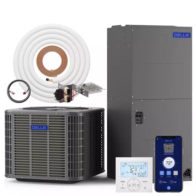 DELLA 53,000 BTU Ducted Central AC with Air Handler, Heat Pump Inverter System, 17 SEER2 230V, Two-Stage Compressor, Pre-Charged, Alexa & Wifi Control, WiFi Thermostat 35ft Kit, 20kW Heat Kit