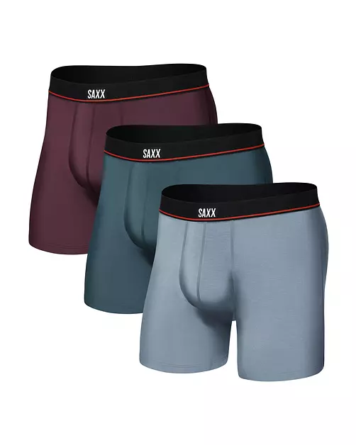 SAXX Underwear Co. Men's Non-Stop Stretch Cotton Boxer Brief Fly 3-Pack, Maroon/Storm Blue/Ashley Blue, Small