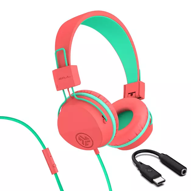 JLab, JBuddies Studio, Kids Wired on-Ear Headphones, Bundle with USB-C Adapter, Volume limiting, Foldable, Peach
