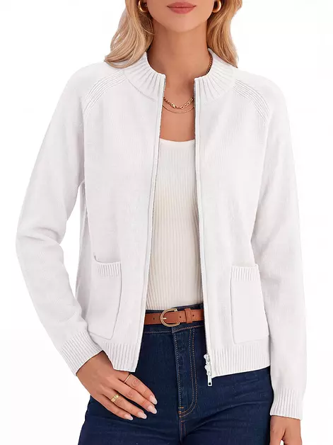 Womens Long Sleeve Zip Up Cardigans Sweaters Lightweight Knit Jackets White