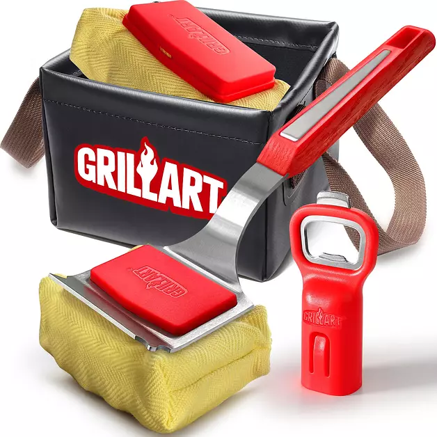 Bristle-Free Grill Brush with Water Soak Basin & Built-in Bottle Opener & Replacement Pad